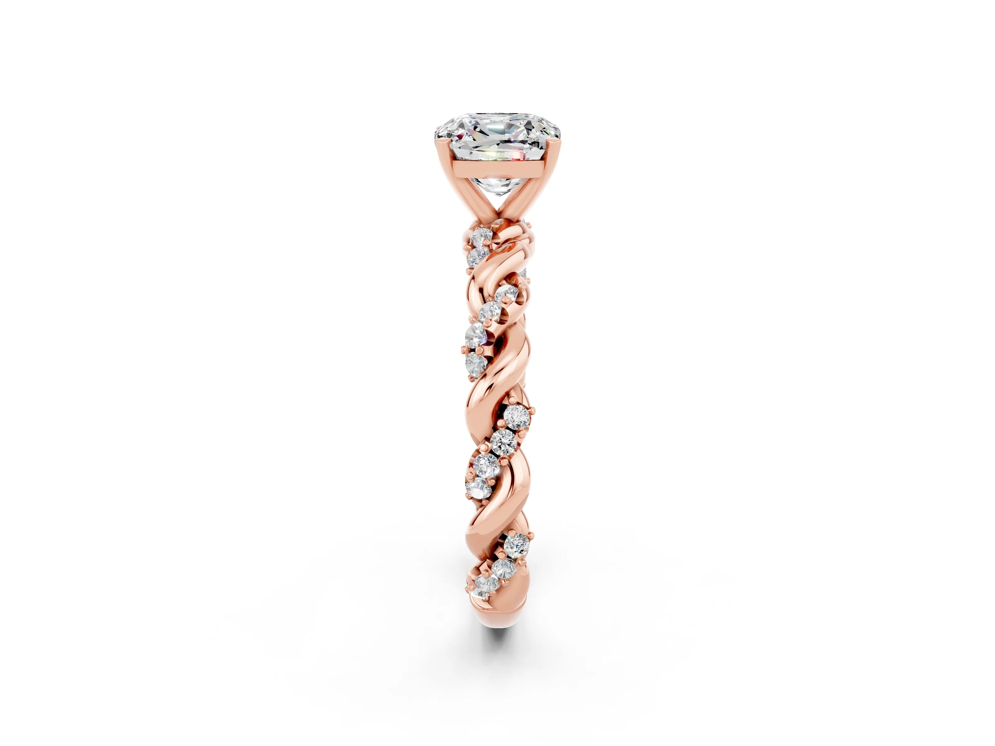 Rose gold Cushion Cut Moissanite Solitaire Ring with Twisted Band and Pavé Accents_2