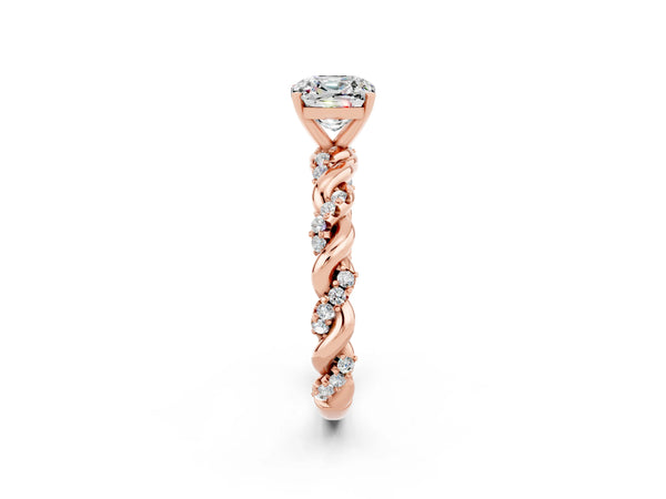 Rose gold Cushion Cut Moissanite Solitaire Ring with Twisted Band and Pavé Accents
