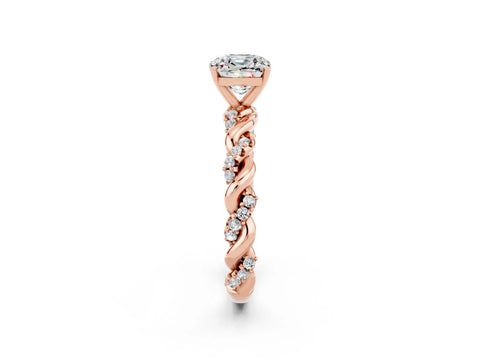 Rose gold Cushion Cut Moissanite Solitaire Ring with Twisted Band and Pavé Accents_2