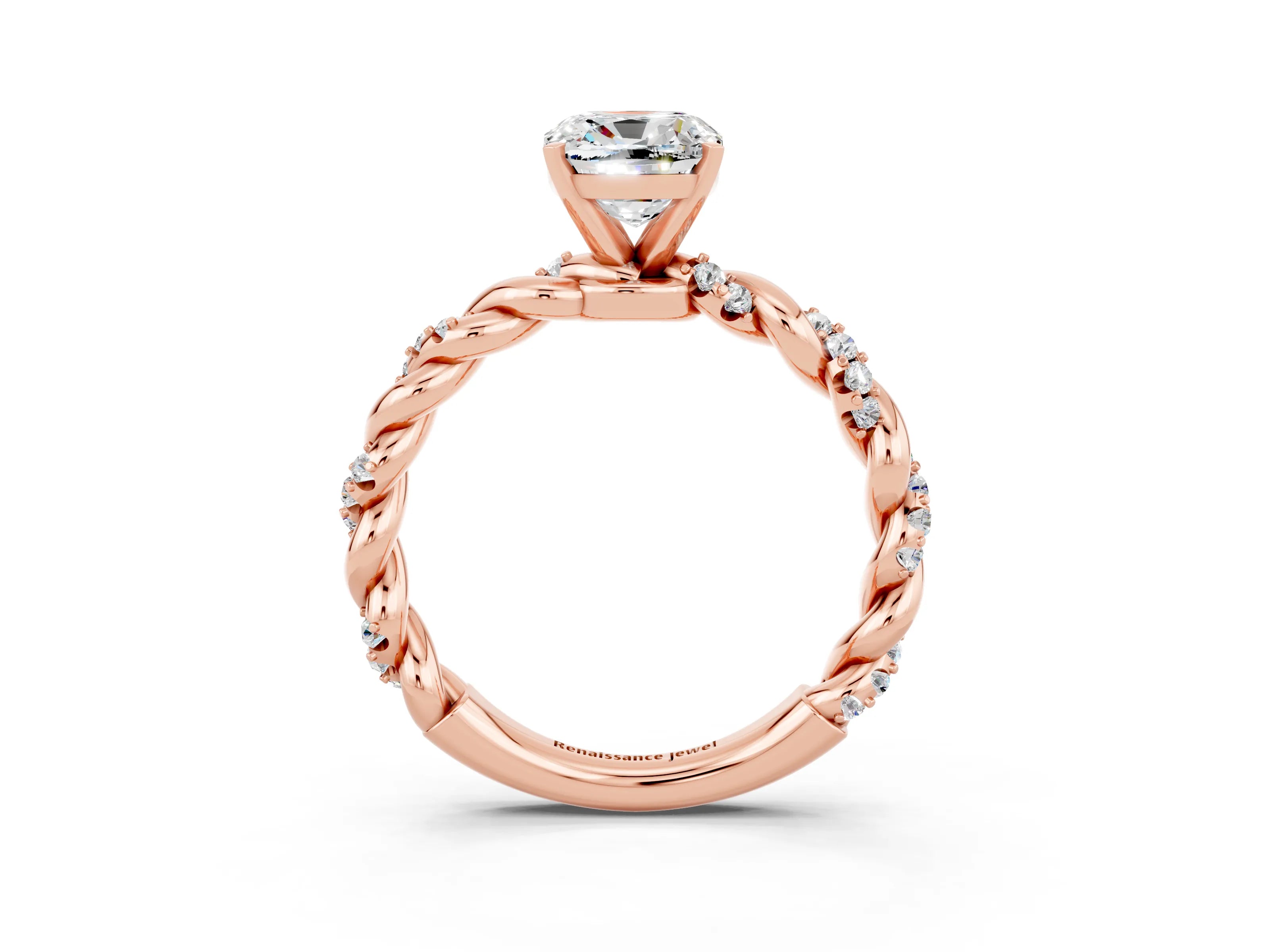 Rose gold Cushion Cut Moissanite Solitaire Ring with Twisted Band and Pavé Accents_3