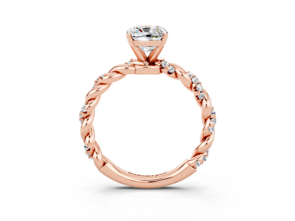 Rose gold Cushion Cut Moissanite Solitaire Ring with Twisted Band and Pavé Accents