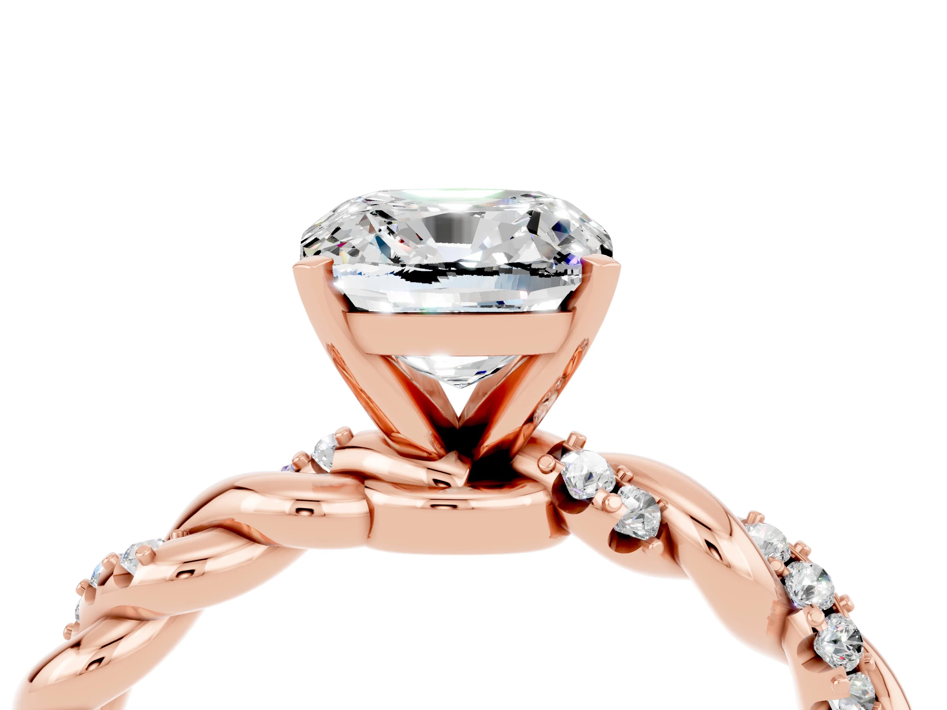 Rose gold Cushion Cut Moissanite Solitaire Ring with Twisted Band and Pavé Accents_4