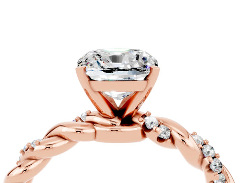 Rose gold Cushion Cut Moissanite Solitaire Ring with Twisted Band and Pavé Accents_4
