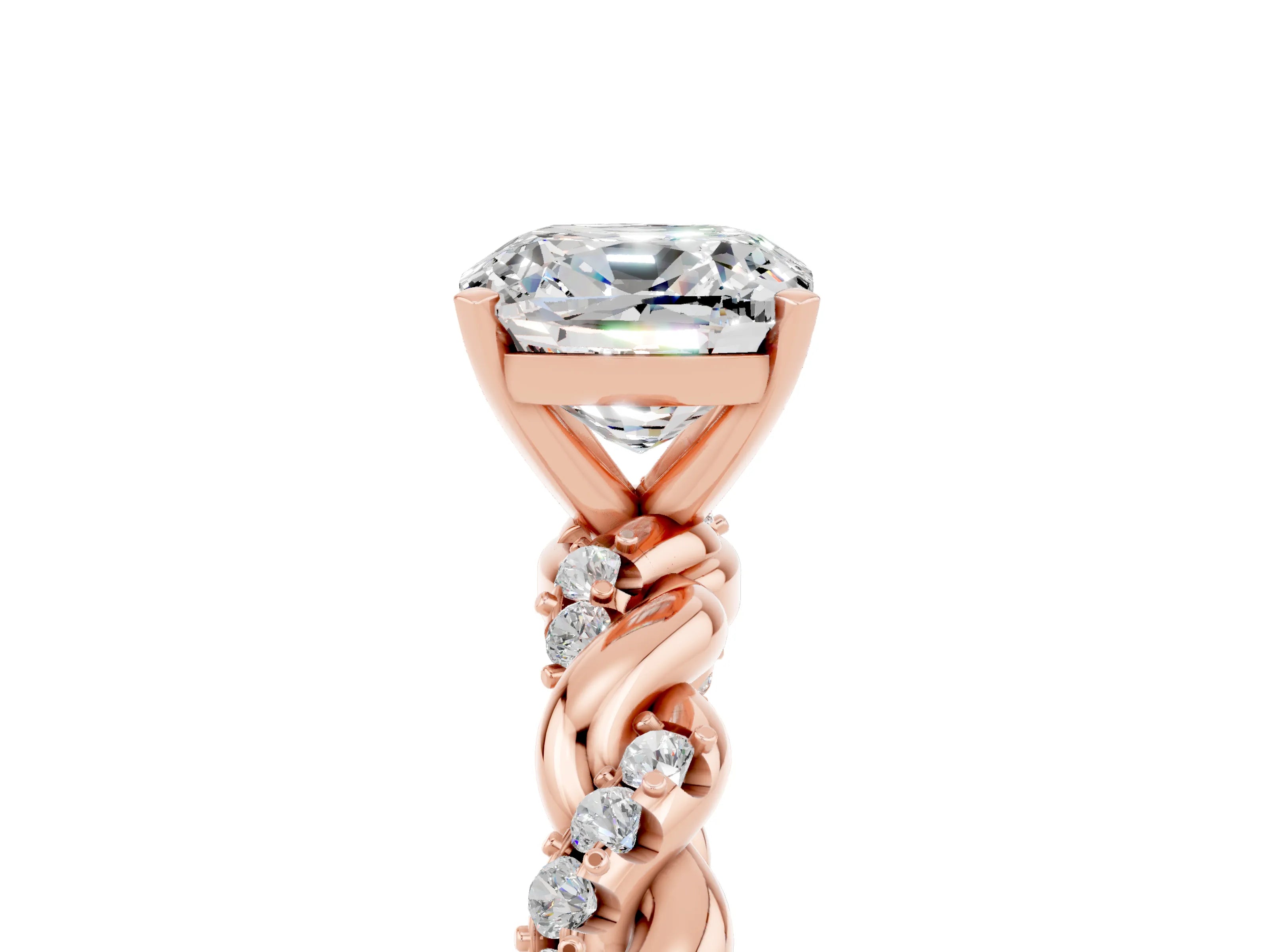 Rose gold Cushion Cut Moissanite Solitaire Ring with Twisted Band and Pavé Accents_5
