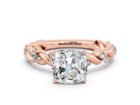 Rose gold Cushion Cut Moissanite Solitaire Ring with Twisted Band and Pavé Accents