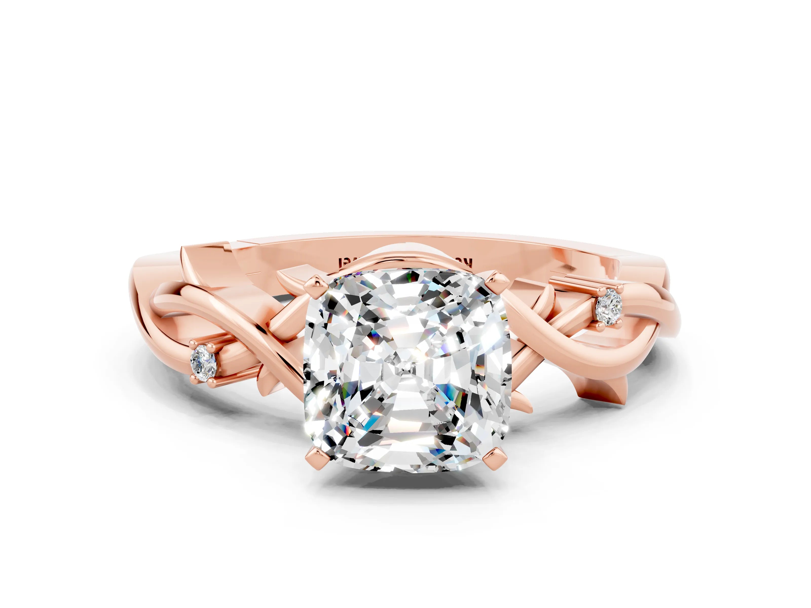 Rose gold Cushion Cut Moissanite Solitaire Ring with Twisted Band and Prong Setting