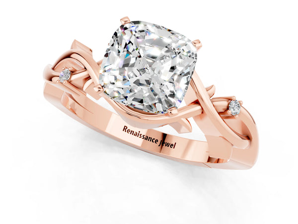 Rose gold Cushion Cut Moissanite Solitaire Ring with Twisted Band and Prong Setting