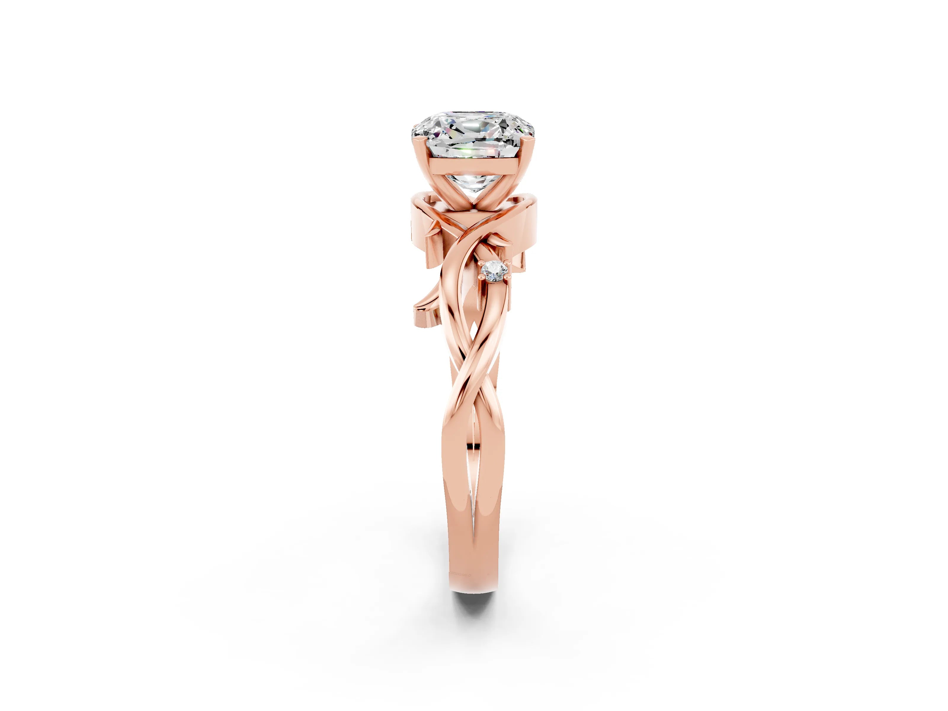 Rose gold Cushion Cut Moissanite Solitaire Ring with Twisted Band and Prong Setting_2