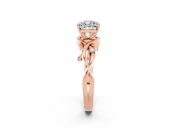 Rose gold Cushion Cut Moissanite Solitaire Ring with Twisted Band and Prong Setting