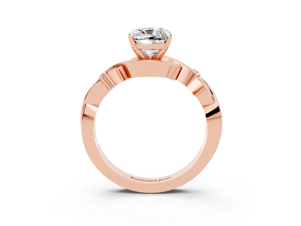Rose gold Cushion Cut Moissanite Solitaire Ring with Twisted Band and Prong Setting