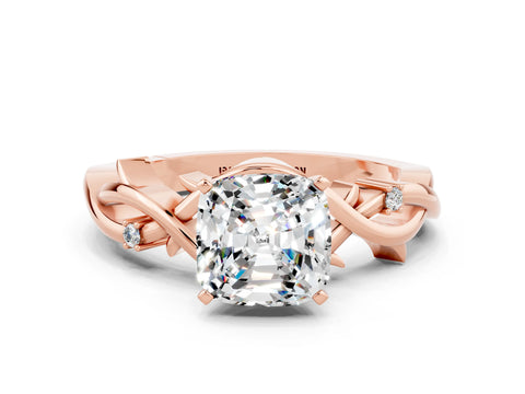 Rose gold Cushion Cut Moissanite Solitaire Ring with Twisted Band and Prong Setting