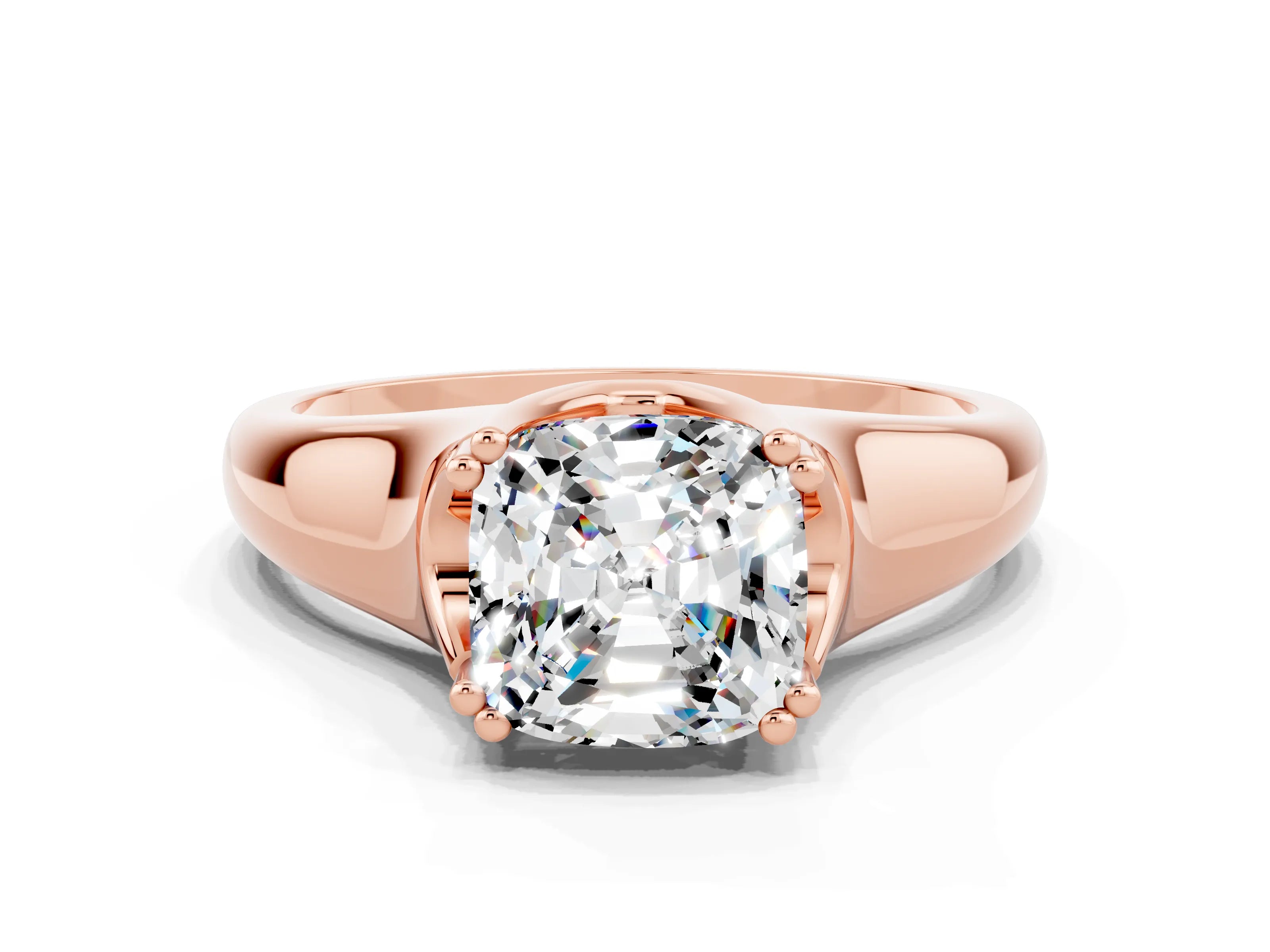 Rose gold Cushion Cut Moissanite Solitaire Ring with Wide Band and Prong Setting