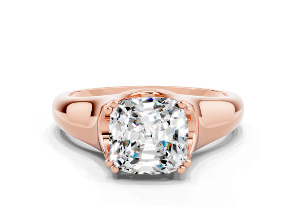Rose gold Cushion Cut Moissanite Solitaire Ring with Wide Band and Prong Setting