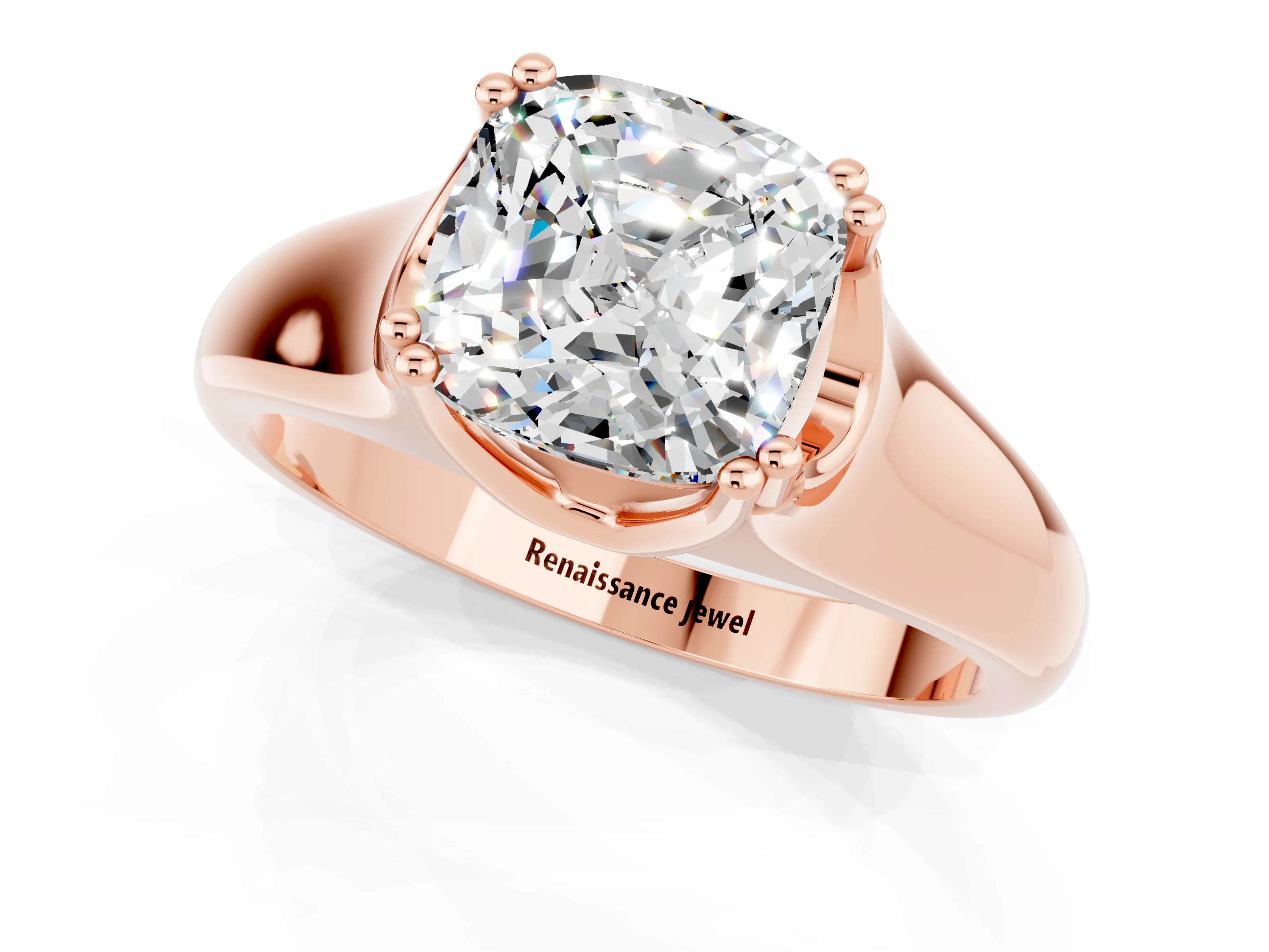 Rose gold Cushion Cut Moissanite Solitaire Ring with Wide Band and Prong Setting_1