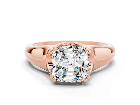 Rose gold Cushion Cut Moissanite Solitaire Ring with Wide Band and Prong Setting