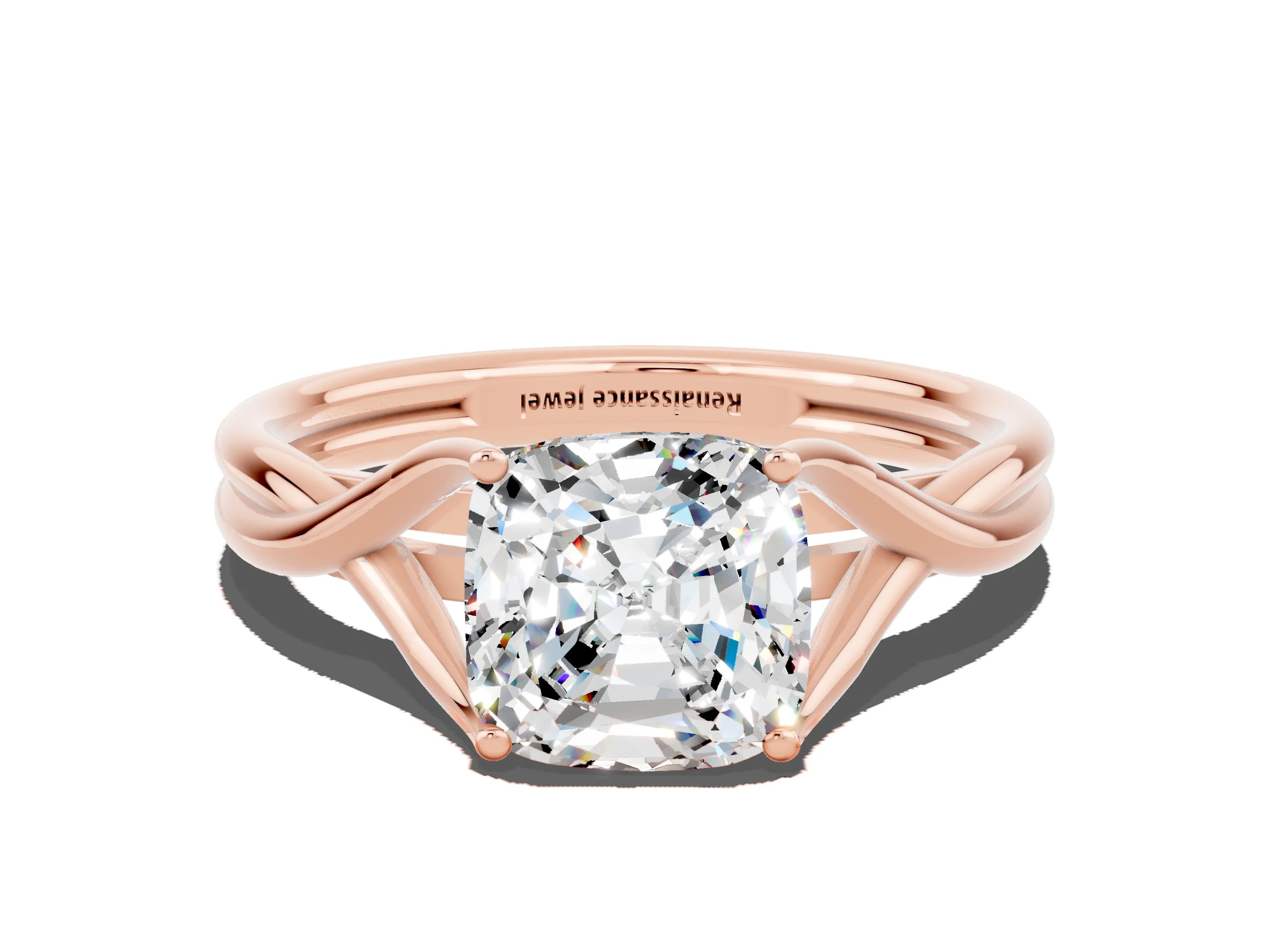 Rose gold Cushion Cut Moissanite Solitaire Twist Band Prong Setting Ring_60