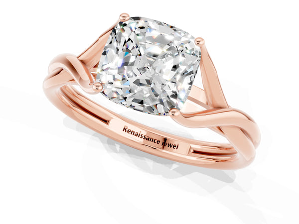 Rose gold Cushion Cut Moissanite Solitaire Twist Band Prong Setting Ring