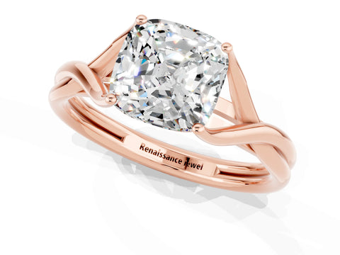 Rose gold Cushion Cut Moissanite Solitaire Twist Band Prong Setting Ring_61