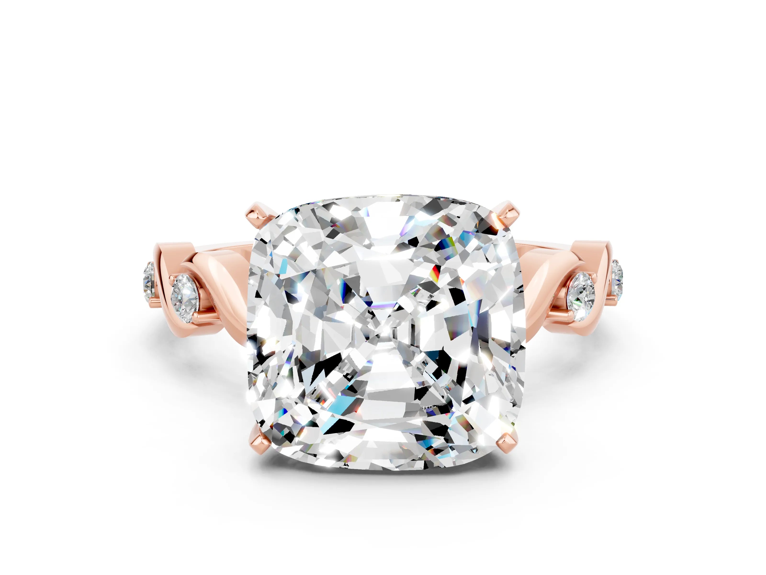 Rose gold Cushion Cut Moissanite Solitaire Twisted Band with Round  Accents and Prong Setting_12
