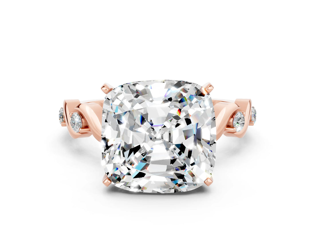 Rose gold Cushion Cut Moissanite Solitaire Twisted Band with Round  Accents and Prong Setting_12