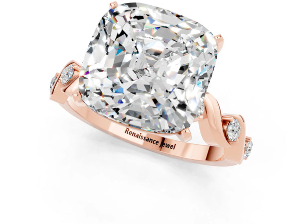 Rose gold Cushion Cut Moissanite Solitaire Twisted Band with Round  Accents and Prong Setting