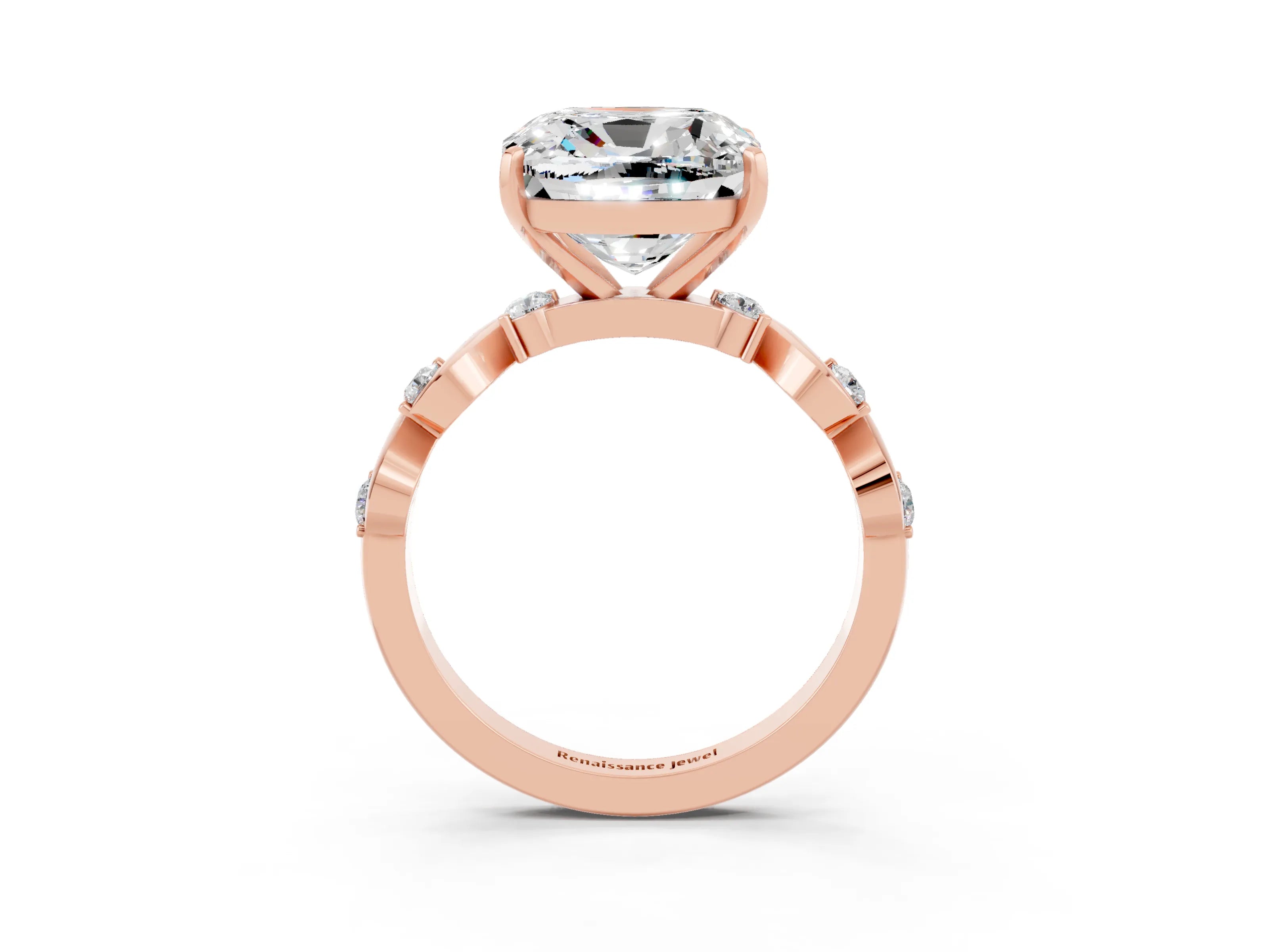 Rose gold Cushion Cut Moissanite Solitaire Twisted Band with Round  Accents and Prong Setting_15
