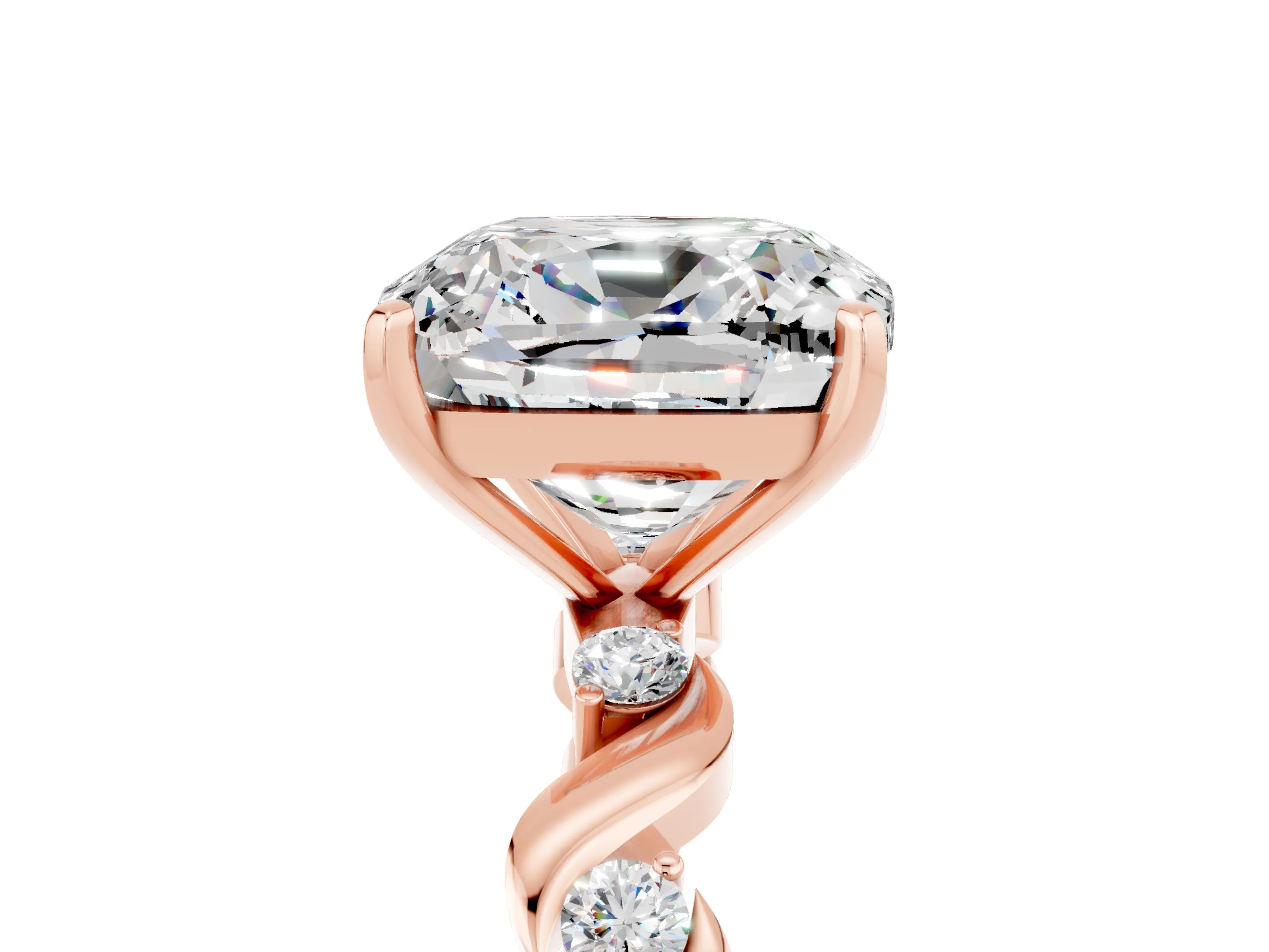 Rose gold Cushion Cut Moissanite Solitaire Twisted Band with Round  Accents and Prong Setting_17