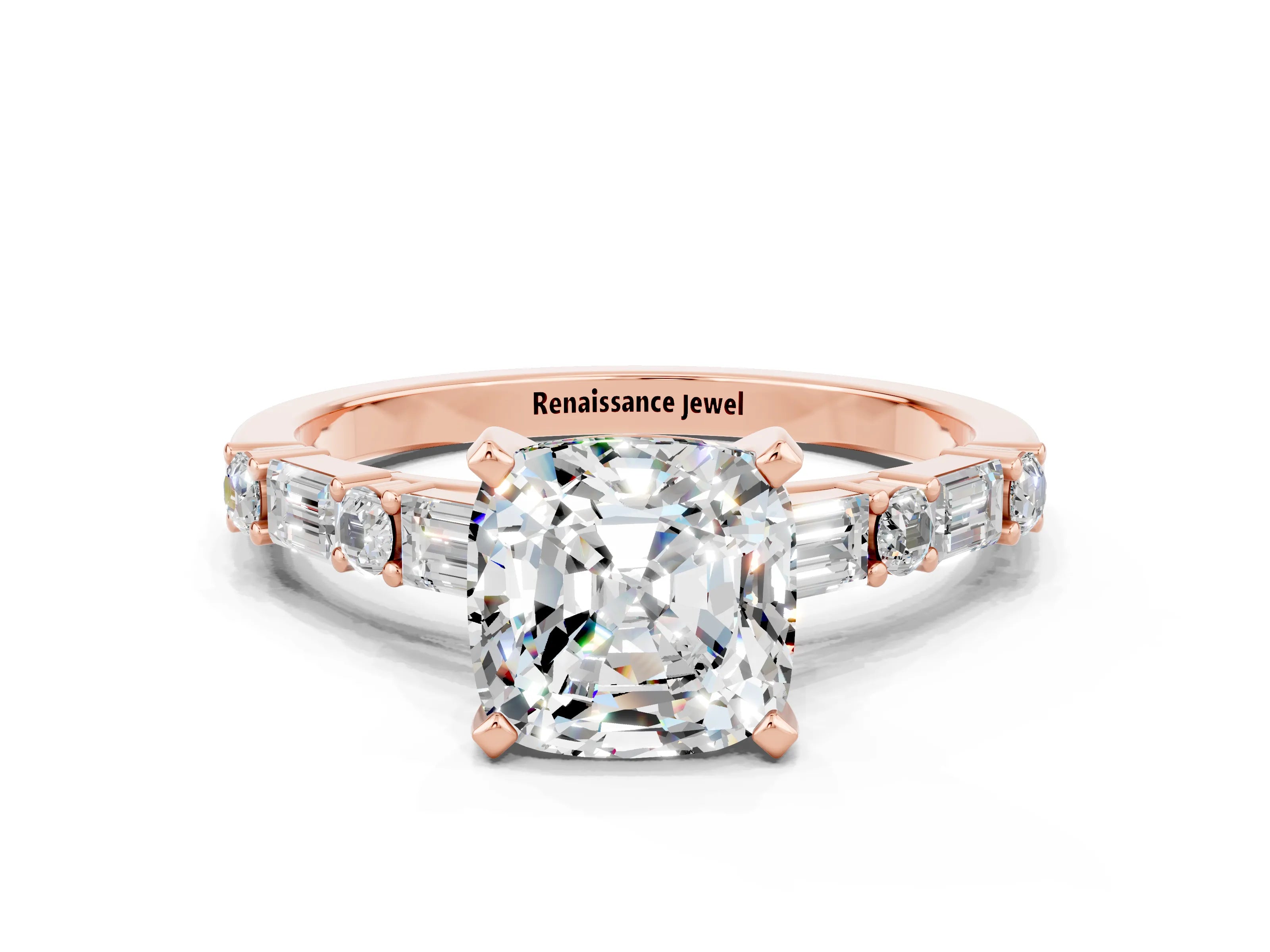 Rose gold Cushion Cut Moissanite Solitaire with Side Baguettes and Channel Set Band