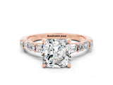 Rose gold Cushion Cut Moissanite Solitaire with Side Baguettes and Channel Set Band