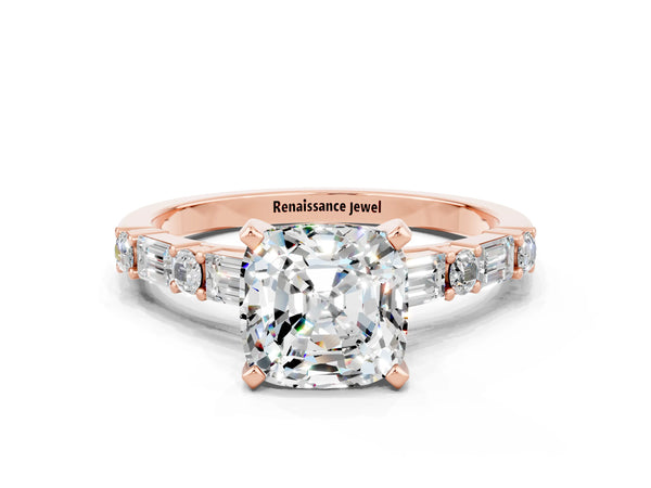 Rose gold Cushion Cut Moissanite Solitaire with Side Baguettes and Channel Set Band