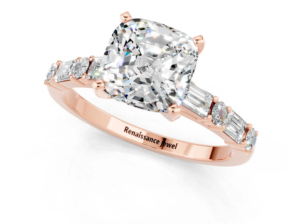 Rose gold Cushion Cut Moissanite Solitaire with Side Baguettes and Channel Set Band