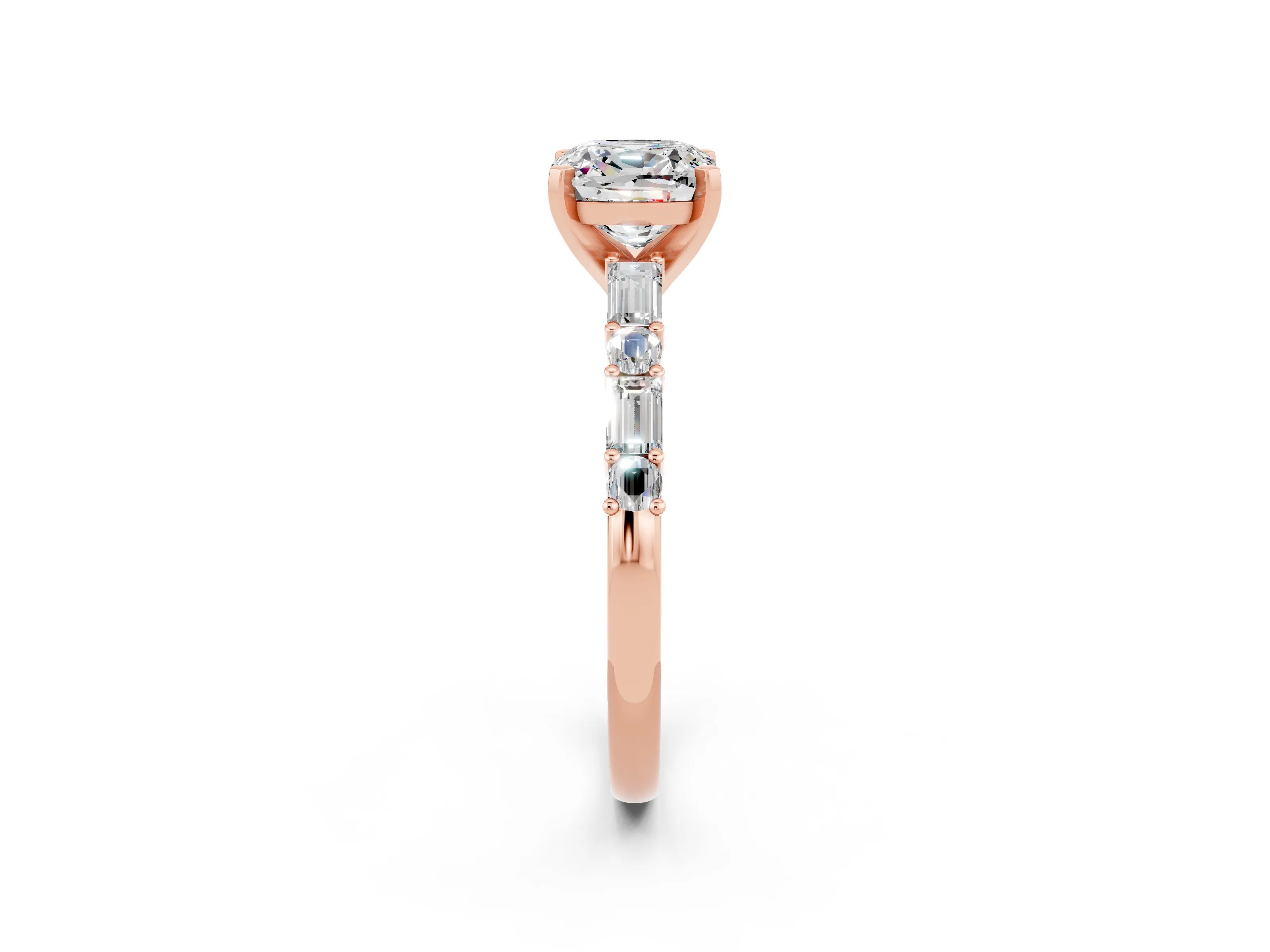 Rose gold Cushion Cut Moissanite Solitaire with Side Baguettes and Channel Set Band_2