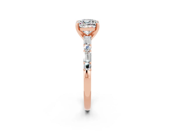 Rose gold Cushion Cut Moissanite Solitaire with Side Baguettes and Channel Set Band