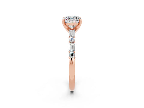Rose gold Cushion Cut Moissanite Solitaire with Side Baguettes and Channel Set Band_2