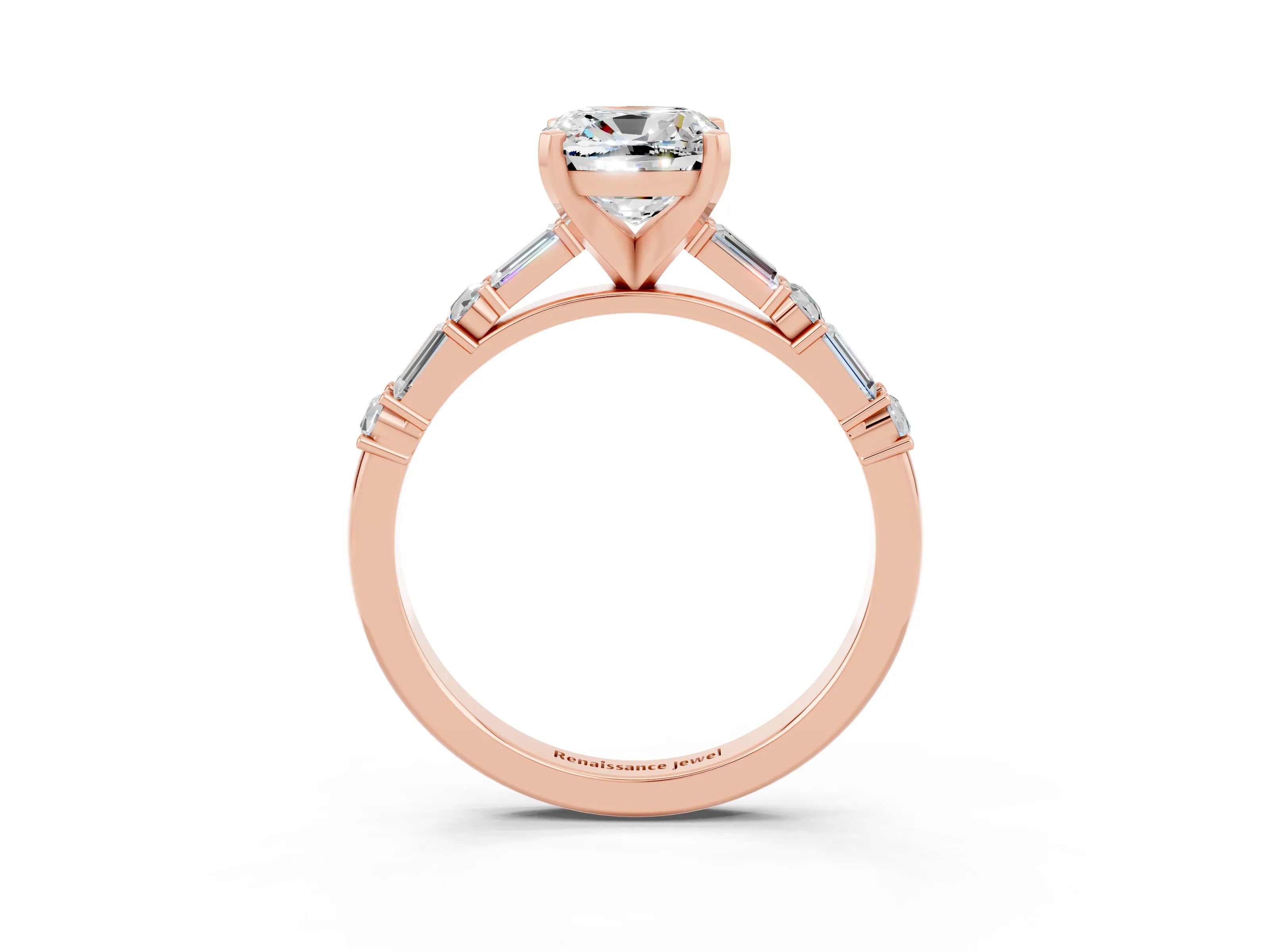 Rose gold Cushion Cut Moissanite Solitaire with Side Baguettes and Channel Set Band_3
