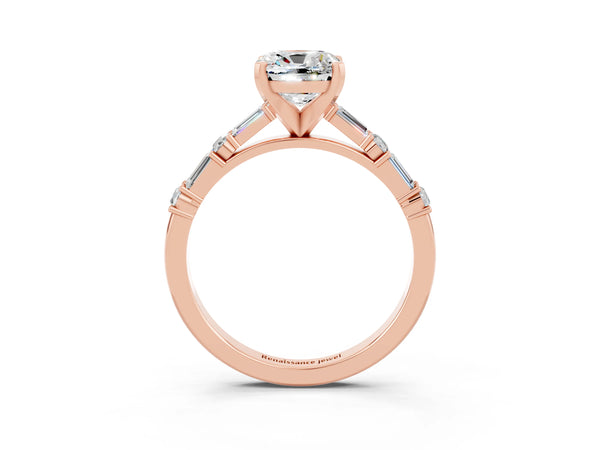 Rose gold Cushion Cut Moissanite Solitaire with Side Baguettes and Channel Set Band
