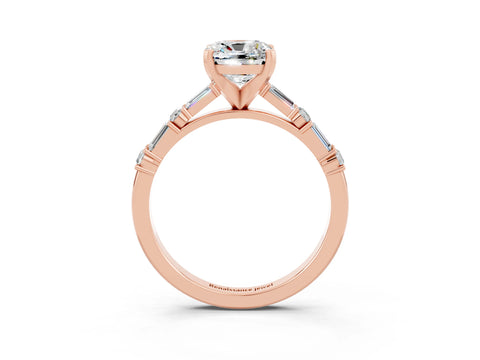 Rose gold Cushion Cut Moissanite Solitaire with Side Baguettes and Channel Set Band_3
