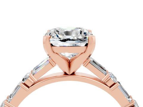 Rose gold Cushion Cut Moissanite Solitaire with Side Baguettes and Channel Set Band_4