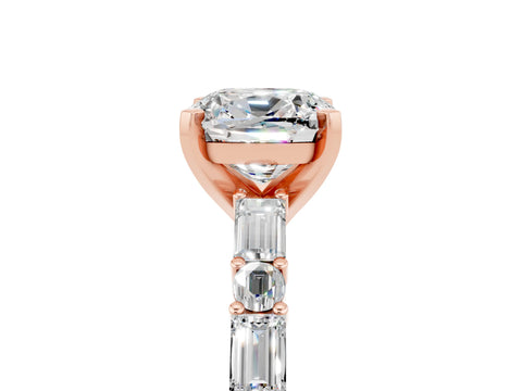 Rose gold Cushion Cut Moissanite Solitaire with Side Baguettes and Channel Set Band_5