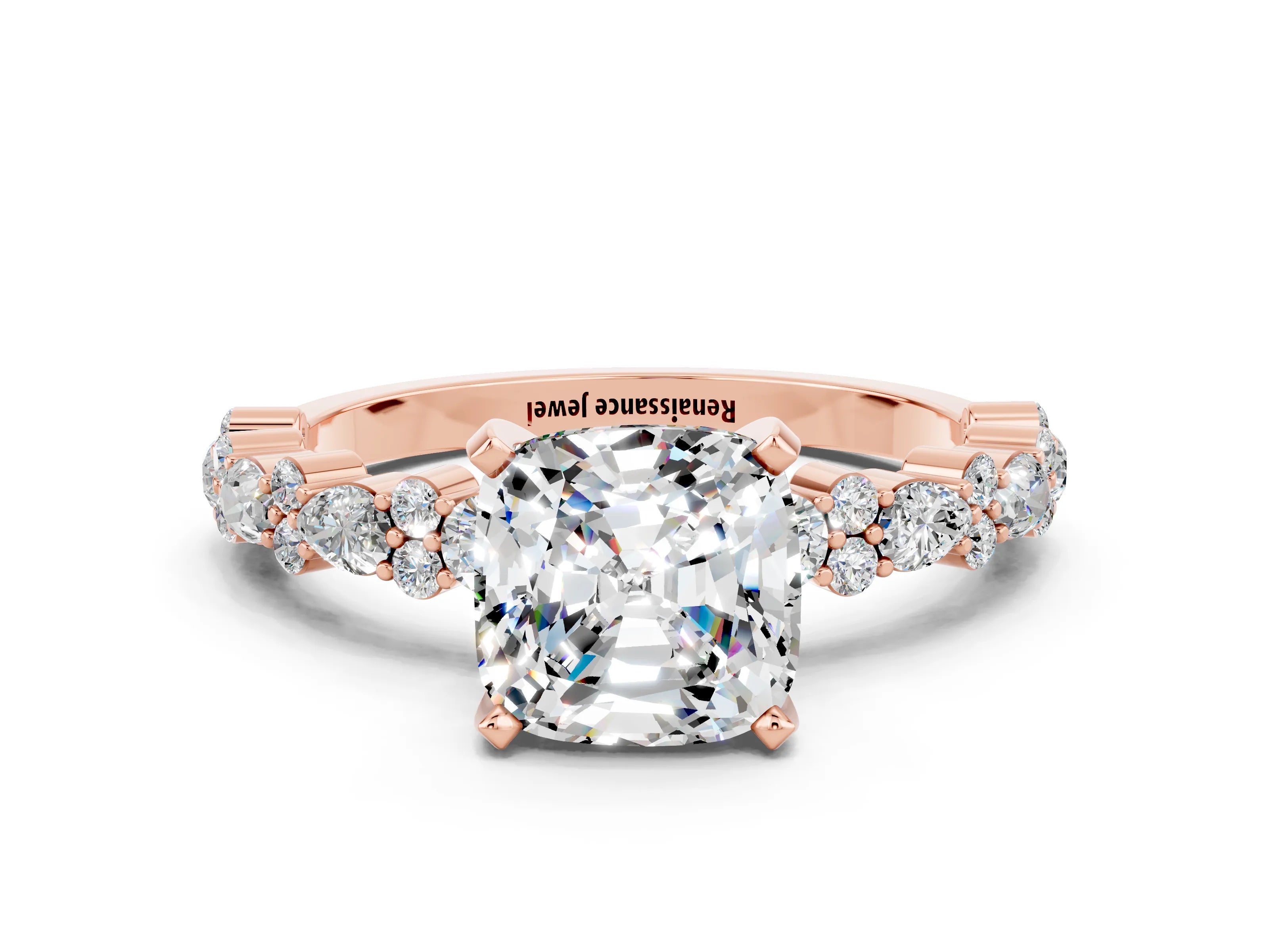 Rose gold Cushion Cut Moissanite Solitaire with Side Stones, Pave Band, Four-Prong Setting_36