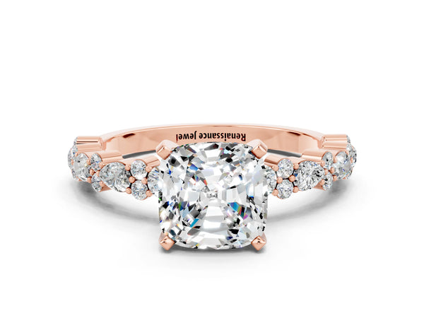 Rose gold Cushion Cut Moissanite Side Stone Solitaire Ring with Round  and Four-Prong Setting