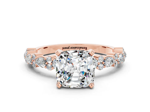 Rose gold Cushion Cut Moissanite Solitaire with Side Stones, Pave Band, Four-Prong Setting_36