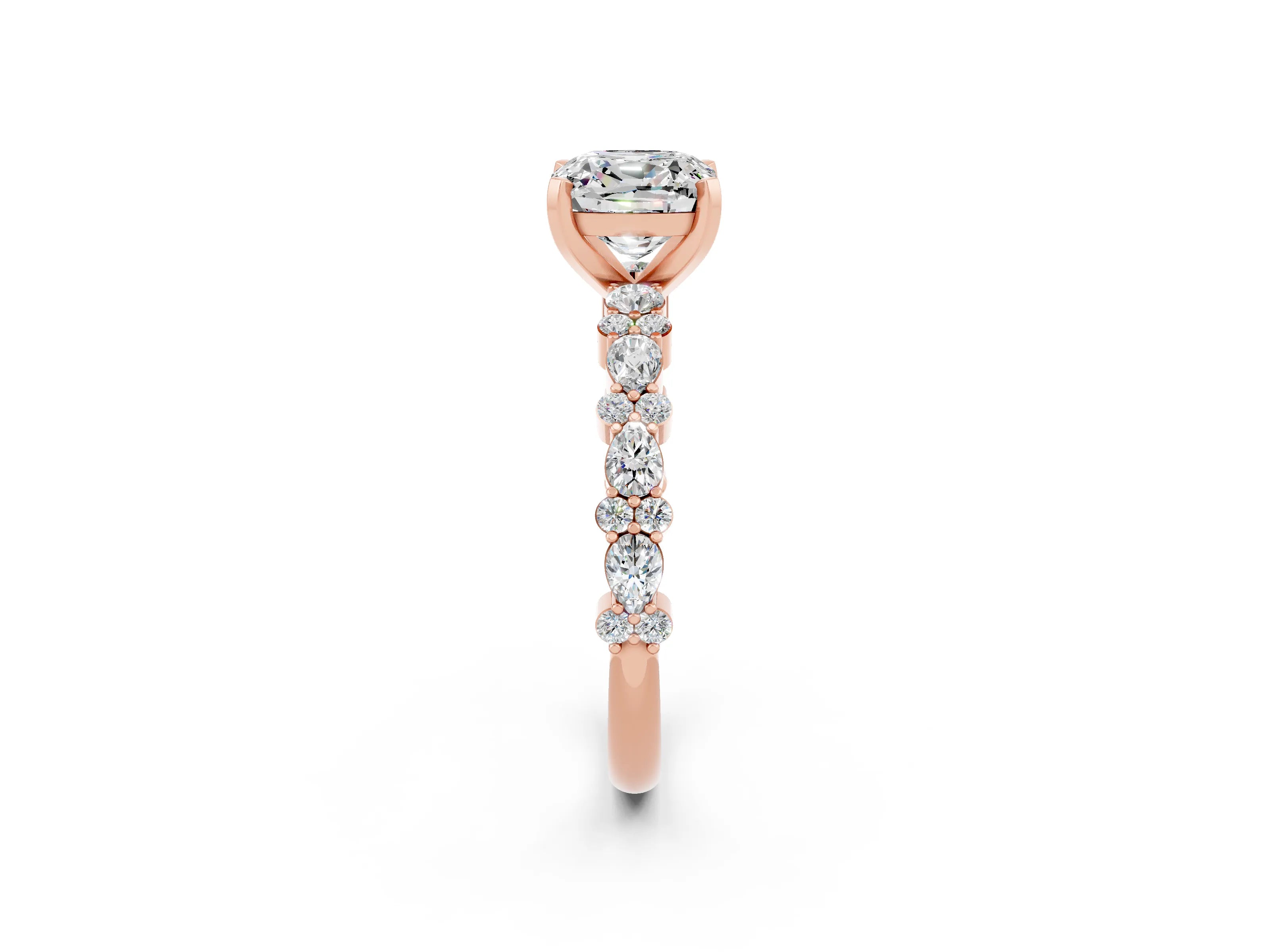 Rose gold Cushion Cut Moissanite Solitaire with Side Stones, Pave Band, Four-Prong Setting_38