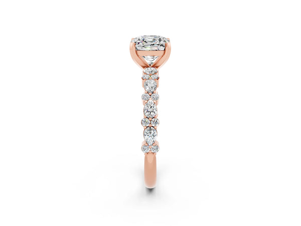 Rose gold Cushion Cut Moissanite Side Stone Solitaire Ring with Round  and Four-Prong Setting