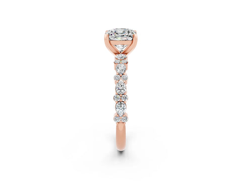 Rose gold Cushion Cut Moissanite Solitaire with Side Stones, Pave Band, Four-Prong Setting_38