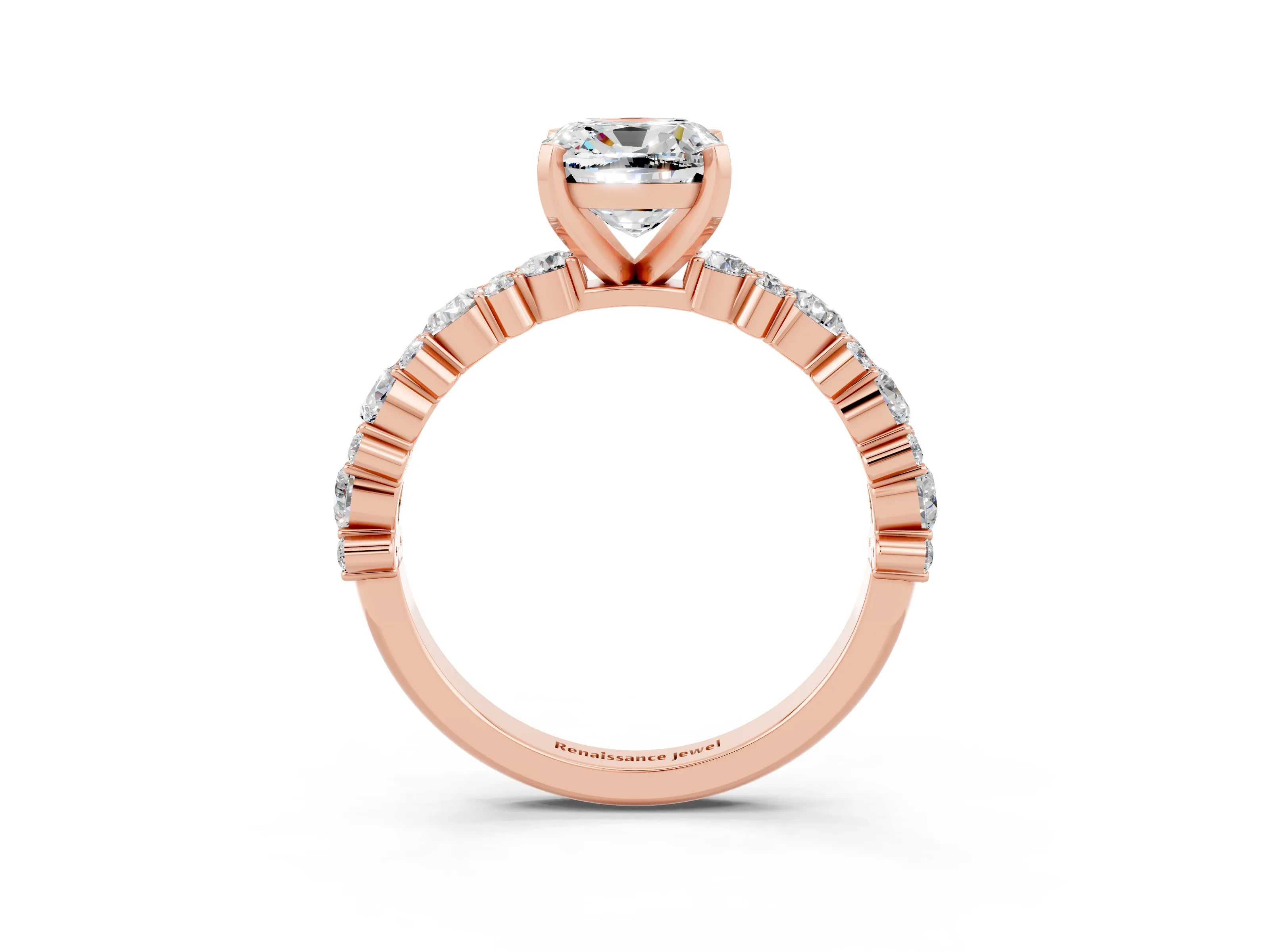 Rose gold Cushion Cut Moissanite Solitaire with Side Stones, Pave Band, Four-Prong Setting_39