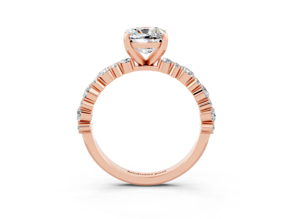 Rose gold Cushion Cut Moissanite Side Stone Solitaire Ring with Round  and Four-Prong Setting