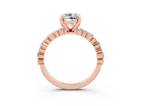 Rose gold Cushion Cut Moissanite Solitaire with Side Stones, Pave Band, Four-Prong Setting_39