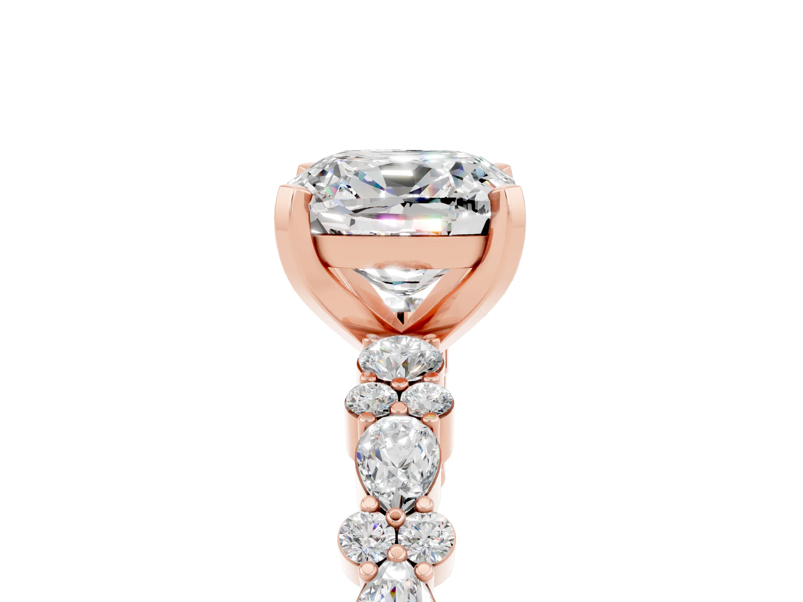 Rose gold Cushion Cut Moissanite Solitaire with Side Stones, Pave Band, Four-Prong Setting_41