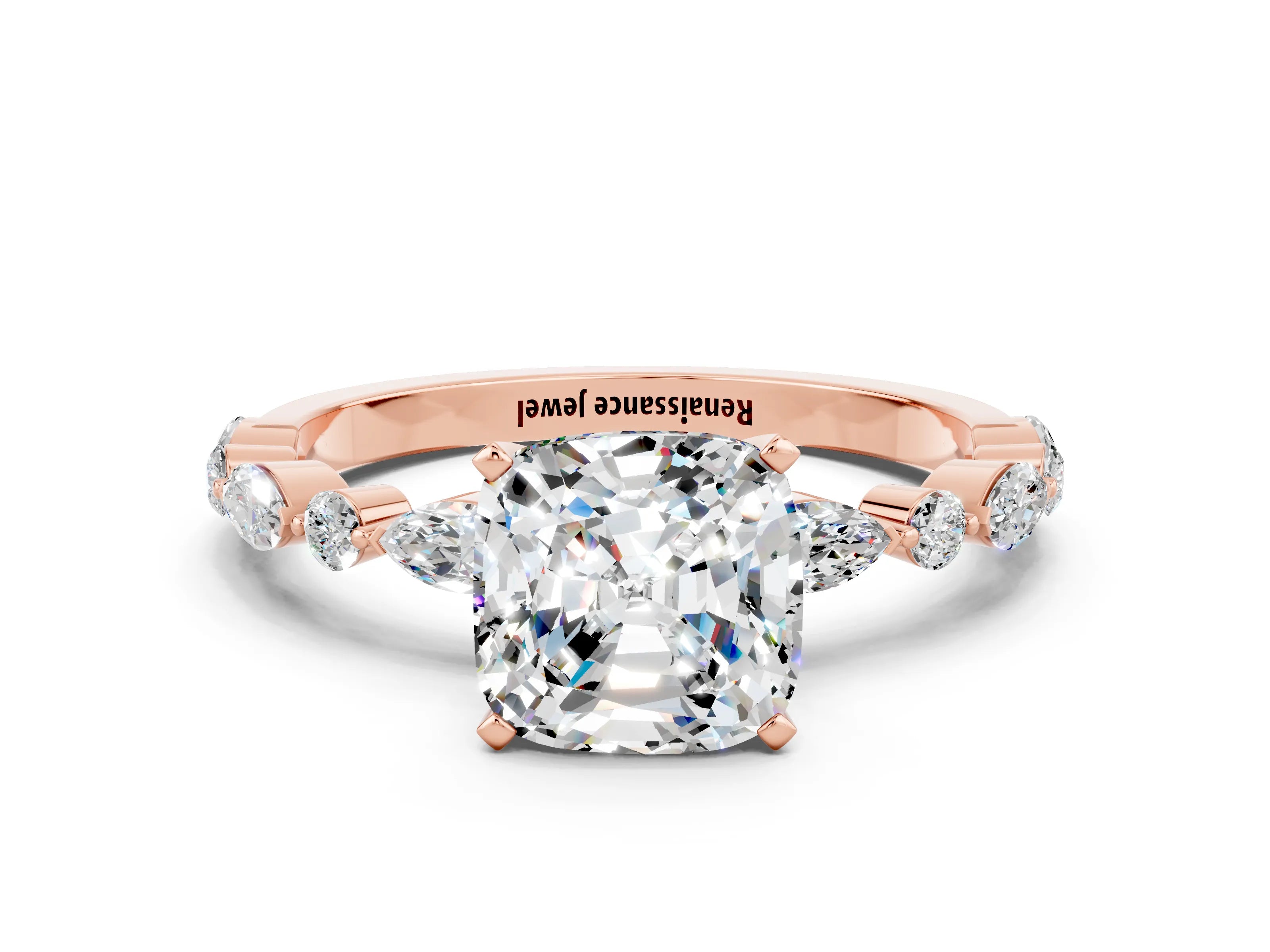 Rose gold Cushion Cut Moissanite Solitaire with Side Stones on a Pavé Band and Four-Prong Setting